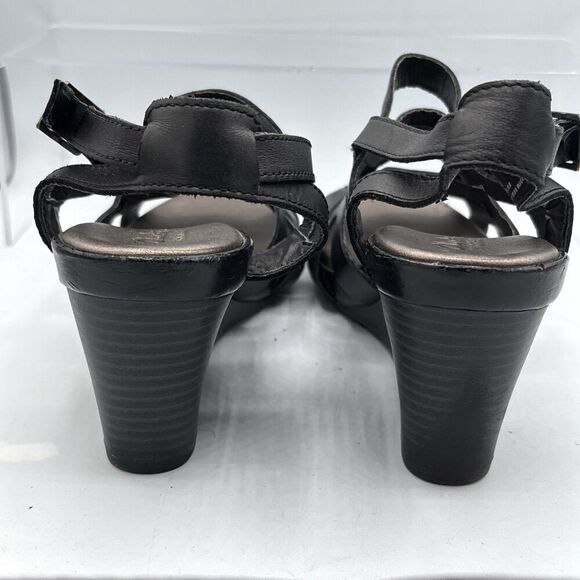 Clarks Bendables Black Leather Strappy Wedge Sandals Women’s 8.5 Comfort Buckle - Picture 7 of 13